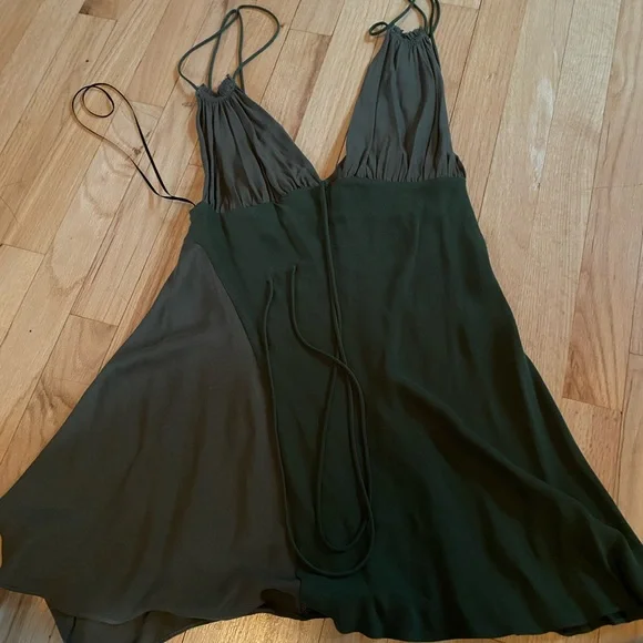 green mini dress zara Ecru Button Front Dress with Green Trim